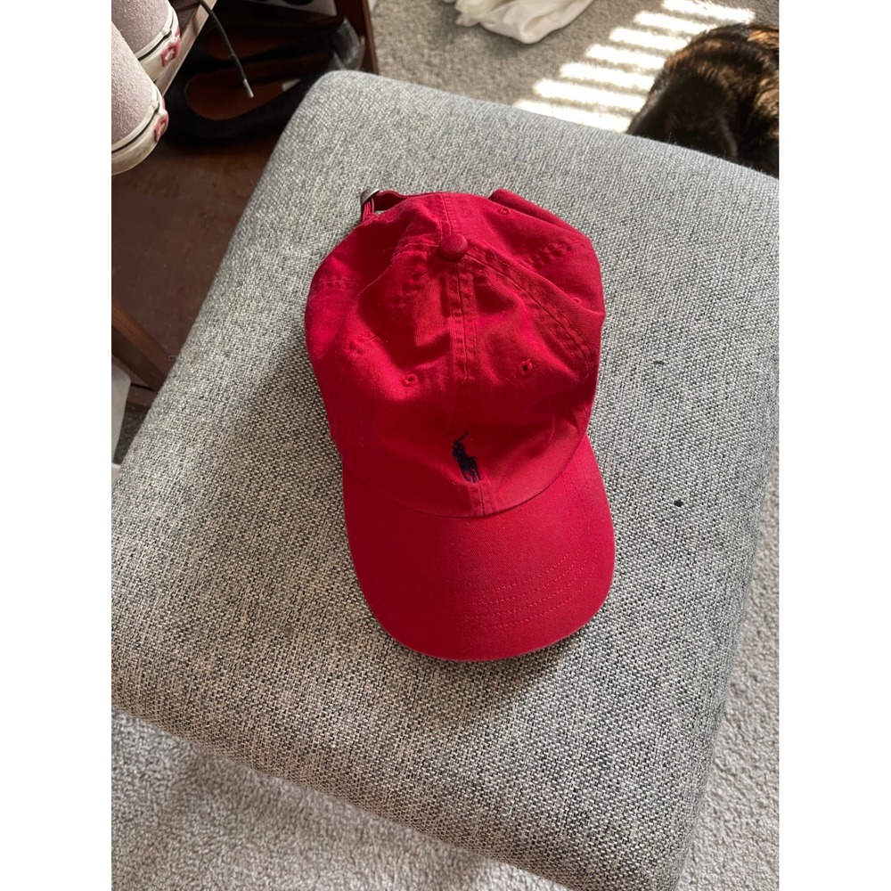 Polo Ralph Lauren Womens Red Cotton Baseball Cap Navy Pony Logo Adjustable Hat